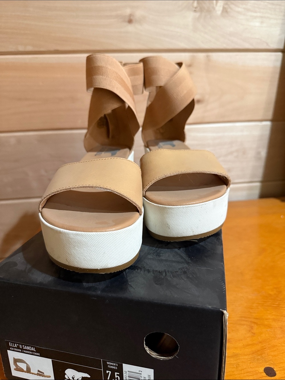 Sorel Tan Platform Sandals with Elastic Ankle Wraps - Picture 4 of 5